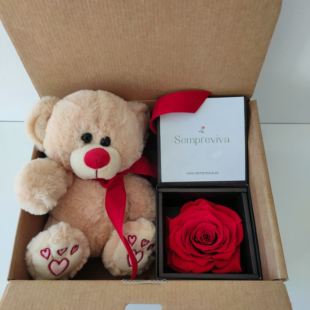 Caja con rosa roja y peluche San Valentin